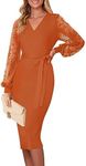 MEROKEETY Sweater Dress for Women 2024 Bishop Sleeve V Neck Semi Formal Business Work Pencil Dresses, Rust, Small