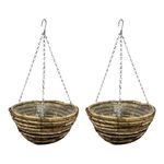 ADEPTNA Set of 2 Round Garden Hanging Baskets with Lined and Detachable Hanging Chain - Natural Basket Hanging Plants Flower Planter Pot (12’’ WICKER ROPE BASKETS)