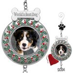 World's Best Dog Christmas Ornament - Dated Year 2020 Annual Doggie Picture Holder with Dog Bone and Paw Print Design - Green Holly and Berry Accents and a Decorative S Shaped Ornament Hook Included