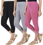 Befli Combo Pack of 3 Skinny Fit 3/4 Lace Capri Womens Leggings for Large Black Grey Baby Pink