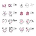 8 Pairs Pink Stud Earrings for Girls 925 Sterling Silver Stud Sets Cute Kids Girl Earrings Heart Cubic Zirconia Hypoallergenic Sleeper Silver Earrings for Girls