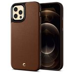 Spigen Cyrill Leather Brick Back Cover Case Compatible with iPhone 12 Pro and iPhone 12 (2020) (Faux Leather + PC) - Saddle Brown