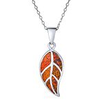 Gemstone Created Orange Brown Fire Opal Inlay Nature Leaf Pendant Necklace Western Jewelry for Women Teen .925 Sterling Silver October Birthstone