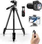 Fotopro 56" Camera Tripod Phone Tripod, Lightweight Compact Travel Tripod with 3 Way Pan Tilt Head Cold Shoe Phone Holder Remote Carry Bag, Tripod for iPhone DSLR