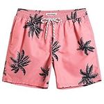 MaaMgic Mens Short Swim Trunks Quick Dry Swimming Shorts Print Bathing Suits with Mesh Lining,Red-Palm-Tree,Large