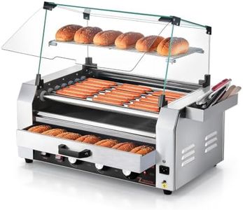 VEVOR Hot Dog Roller Commercial, 18 Hot Dog, 7 Rollers, Stainless Steel | For Food Stand, Barbecue, Party, 1200 W, Three Temperature Control, With Bun Warmer, Cover, Side Storage Box, Oil Drip Tray