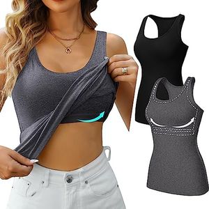 V FOR CITY Shelf Bra Tank Tops for Women Racerback Yoga Shirts Sleeveless Cotton Layering Tanks 2 Pack Black/Gray
