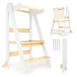 Toddler Learning Tower with Foldable Design, 3-Level Adjustable Height, Safety Guardrail & Anti-Tip Protection - Ideal for Kitchen Counter Helper, Family Mealtime & Bathroom Use (White)