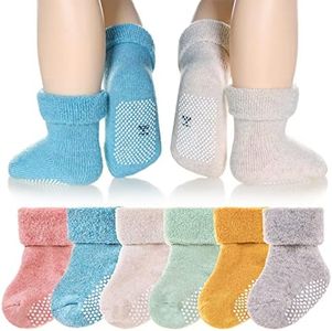 Eyean Baby Wool Grip Sock Soft Winter Warm Thick Non Slip Toddler Boy Girls Crew Socks For Children 6 Pairs (Solid Color-A, 0-12 Months)