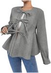 SHENHE Women's Tie Front Crew Neck Knot Peplum Ruffle Flare Flowy Elegant Outerwear Coat Light Grey Medium