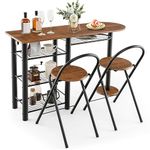 COSTWAY 3 Piece Dining Table Set, Kitchen Table and 2 Folding Chairs with Storage Shelves, Anti-Toppling Device & Large Base, Metal Frame Bar Table Set for Kitchen Dining Room (Brown)