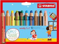 STABILO woody 3-in-1 - Multi-Talented Pencil - Pack of 10 - Assorted Colours with Sharpener