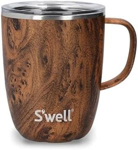 S'well Mug with Handle, Teakwood, 350ml. Vacuum Insulated Stainless Steel Travel Mug with Handle, On-The-Go Travel Cup with Slide-Open Lid - Dishwasher Safe