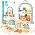 MINNOT Tea Party Set for Little Girls with Cupcake Stand, Wooden Tea Set Toys for Girls Age 3 4 5 6 7 Year Old, Toddler Kids Kitchen Pretend Play Toys for Girls