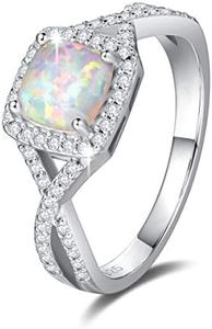 FANCIME Created Opal Rings Sterling Silver 4-Prong Halo White Opal Cubic Zirconia Infinity Engagement Wedding Ring Fine Jewelry for Women Girls Size 7