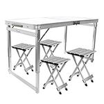 FrenzyBird Folding Picnic Table with 4 Stools, Aluminum Table Chair Set for up to 4 Persons, Portable Lightweight and Heights Adjustable for Outdoor Camping Dining BBQ Party