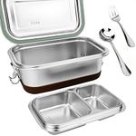 Lunbengo Large Metal Lunch Container with Leakproof Lid, Stainless Steel Meal Prep Container with 500ml Divided Compartments - Spoon&Fork/Anti-slip Rubber, 8.7'' x 5.5''