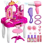 Toddler Vanity Makeup Table with Mirror and Chair, Kids Vanity，Toddler Kids Makeup Vanity Set with Accessories and Lights and Music Sound, Girls Vanity for Toddlers 3-5 Years Old，Princess Toys