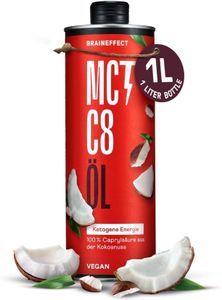 BRAINEFFECT MCT-Öl C8 (1000ml) - Bildet 300% mehr Ketone als andere MCT-Öle (100% C8) - Ketogene Ernährung - Reiner Extrakt aus Kokosnussöl -