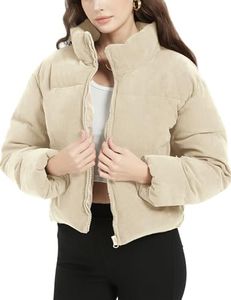 Flygo Womens Cropped Corduroy Puffer Jacket Winter Jackets Warm Long Sleeve Zip Quilted Down Puffer Coat(Beige-L)