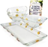 GAC Elegant Glass Square Bowls Set with Matching Rectangular Tray - 3-Piece Decorative Glass Centerpiece with Gold Dots, Square Serving Bowls for Condiments, Snacks, & Parties- Thoughtful present.