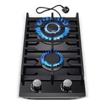 TopStrong Gas Hob 2 burners, 30cm Built in 2 Burners Gas on Glass Hob, NG/LPG Gas Hob Convertible, Gas Cooktop with Flame Out Protection, Cast Iron Supports, 5200W