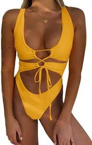 CHYRII Women's Sexy Cutout Lace Up Backless High Cut One Piece Swimsuit Monokini, Marigold, Medium
