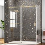 LENPHILVEE 60" W x 32" D x 76" H Corner Shower Door Frameless Sliding Shower Glass Door, SGCC 3/8" & 5/16" Tempered Glass, Dual Coating, Stainless Steel, Leak-Proof, Gold, Shower Base Not Included