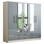 Unique Furnishings GREY Gloss Large Wardrobe - 5 Door 6 Drawers & Mirrors