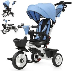 JMMD Baby Trike, 6-in-1 Kids Tricycle with Adjustable Push Handle, Removable Canopy, Safety Harness for 18 Months - 5 Year Old, Blue