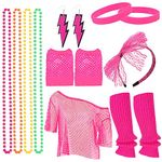 FRIUSATE 80s Fancy Party Costume Accessories Set,Pink Halloween Costumes for Girls,80s Fancy Dress Costumes Accessories with Headband Gloves Leg Warmers Necklace Bracelet Earrings Mesh T-shirt