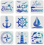 FINGERINSPIRE 9 Pcs Compass Stencil 6x6 inch Plastic Nautical Theme Painting Stencil Sea Life Stencil Anchor Beach Sailboat Lighthouse Stencils Reusable Stencils for Painting on Wood, Floor, Wall