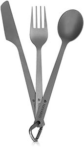 Navaris Titanium Camping Cutlery Set - Lightweight Camping Utensils for One - Knife, Fork and Spoon with Carabiner Clip and Case for Hiking and Travel