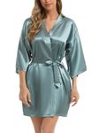 Vlazom Women's Kimono Robes Short Satin Bathrobe Solid Bridal Party Robe with Oblique V-Neck