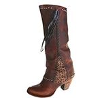 Fringe Cowboy Boots for Women Metallic Cowgirl Sparkly Sequin Mid Calf Chunky Heel Pointed Toe Boots Pull on Combat Pull On, D14-brown, 7.5