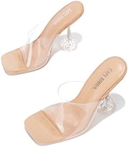 Cape Robbin Ahmee Clear Sexy High Heels for Women, Transparent Square Open Toe Shoes Heels - Nude Size 6