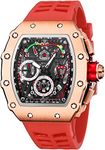 FANMIS Mens Luxury Tonneau Square Watches Analog Punk Chronograph Unique Sports Wrist Watch Japanese Movement Luminous Design with Rubber Band, RoseGold Red, Chronograph