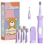 CHAIN PEAK Kids Sonic Electric Toothbrush, Cute Bear Rechargeable Toothbrush for Children, Boys Girls Age 3-12 with 30s Reminder, 2 Min Timer, 5 Modes, 6 Brush Heads, Wall-Mounted Holder