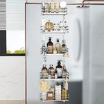 Orimade Over the Door Shower Caddy Adjustable 5 Tier Silver,Bathroom Hanging Organizer Shelf Rustproof with 4 Hooks,Shower Basket with Soap Holder and Suction Cup Bathroom, White