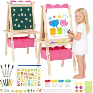 Art Easel for Kids Wooden Kids Easel Double Sided Adjustable Standing Whiteboard and Blackboard with Storage, Painting Art Present for Girls and Boys
