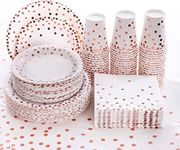 201 PCS Disposable Plates Rose Gold Party Supplies, Polka Dots Paper Plates, include 50 Dinner Plates,50 Dessert Plates,50 Napkins 50 Cups, 1 Plastic Tablecloth,for Baby Shower Wedding Birthday