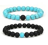 Set of 2 Womens Mens 8mm Handmade Couples Distance Beads Bracelets Friendship Couple Jewelry Round Energy Stone Beads Gemstone Beaded for Valentine Birthday (Black Matte Agate & Blue turquoise)