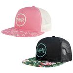 BASSDASH 2 Pack Flat Brim Trucker Cap Adjustable Snapback Hat Mesh Back for Men Women Fishing Hunting, Pack of 2, Pink & Black/Tropical Flower, One Size