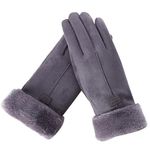 Bold N Elegant Soft Suede and Faux Rabbit Hair Fur Cute Embroidery Winter Thermal Warm Gloves Mittens Winter Accessories Hand Arm Warmer Gloves for Women (Grey)