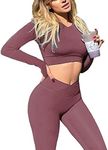 Danysu Gym Sets for Women 2 Piece Cross Waist Workout Clothes Long Sleeve Crop Tops Scrunch Butt Leggings Matching Outfits Opera Mauve M