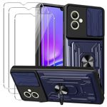 Case for Samsung Galaxy A05 with 3 Tempered Glass Screen Protector, KZIOACSH [Slide Camera Cover] [Magnetic Kickstand Ring] [Removable Card Holder] Military Grade Anti-Scratch Tough Bumper Cover Case