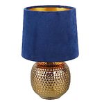 Britalia Gold Ceramic Vintage Hammered Globe Table Desk Lamp with Blue Velvet Shade | 26cm Height | 1 x SES E14 Lamp Bulb Required | UK Approved | Retro Design | Tapered Drum Lampshade