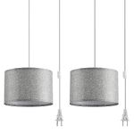 IHENGYANLT 2 Pack Plug in Pendant Light, Hanging Light with 15Ft Clear Cord, On/Off Switch,Grey Linen Shade, Hanging Light Fixture for Bedroom, Kitchen, Living Room, Dining Table