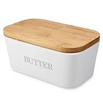 Navaris Butter Dish with Lid - Ceramic Butter Holder with Airtight Wooden Lid - Butter Container with Bamboo Wood Cover - Cream Colour with Word Print