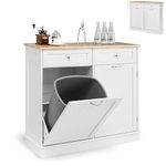 GiantexUK Kitchen Trash Bin Cabinet, Tilt Out Recycling Trash Can Cabinet with Rubber Wood Countertop, Adjustable Shelf & Drawers, Freestanding Garbage Can Holder for Laundry (White)